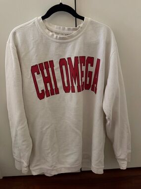 Chi Omega Ribbed Off White and Red Letters Pullover Sweatshirt